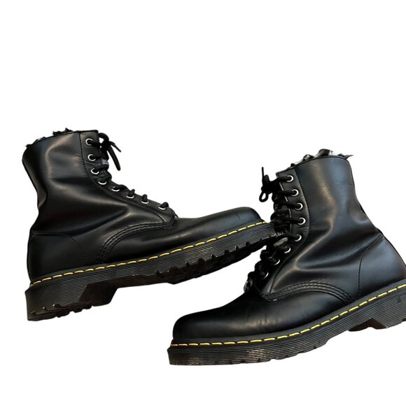Dr. Martens Shoes - Dr. Martens Black Leather Fur-Lined Boots Womens Size 8 Lace-Up With Yellow Stit